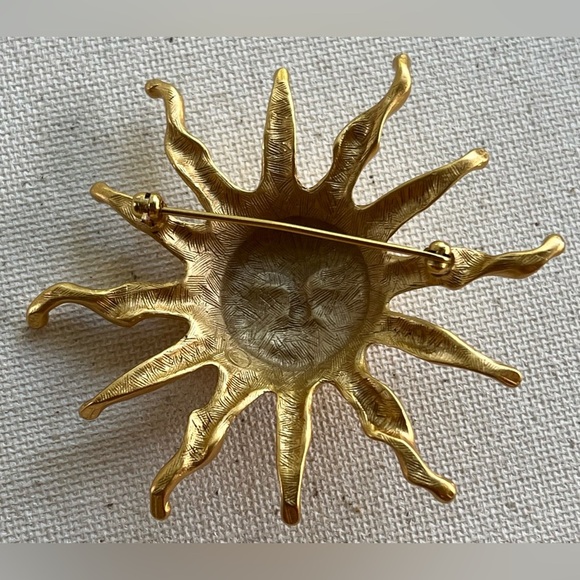 Vintage Gold Sun Face Brooch – 2.75” Statement Pin - Picture 2 of 3